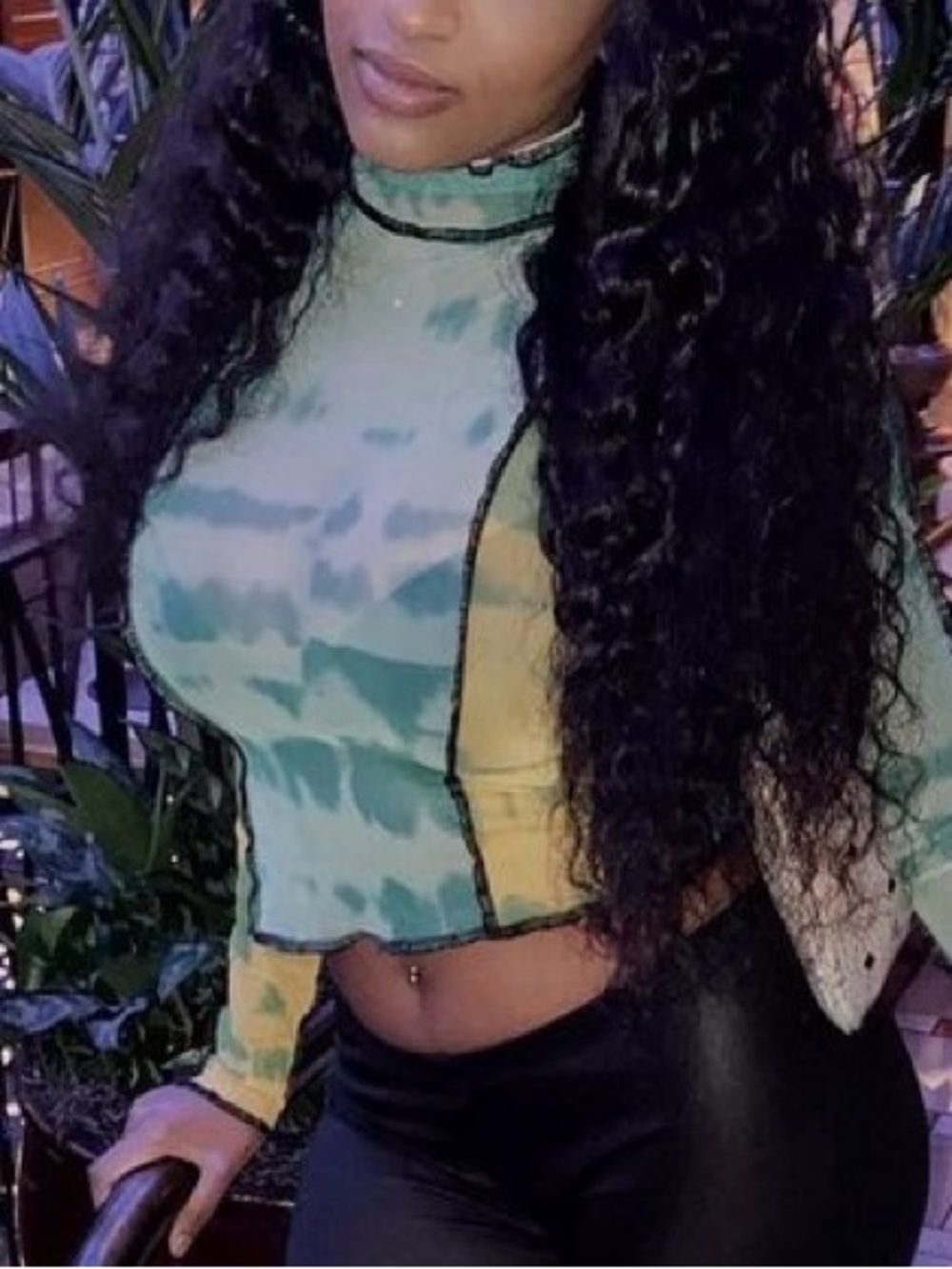 Women’s Tie-Dye Mock Neck Long Sleeve Crop Top - Green
